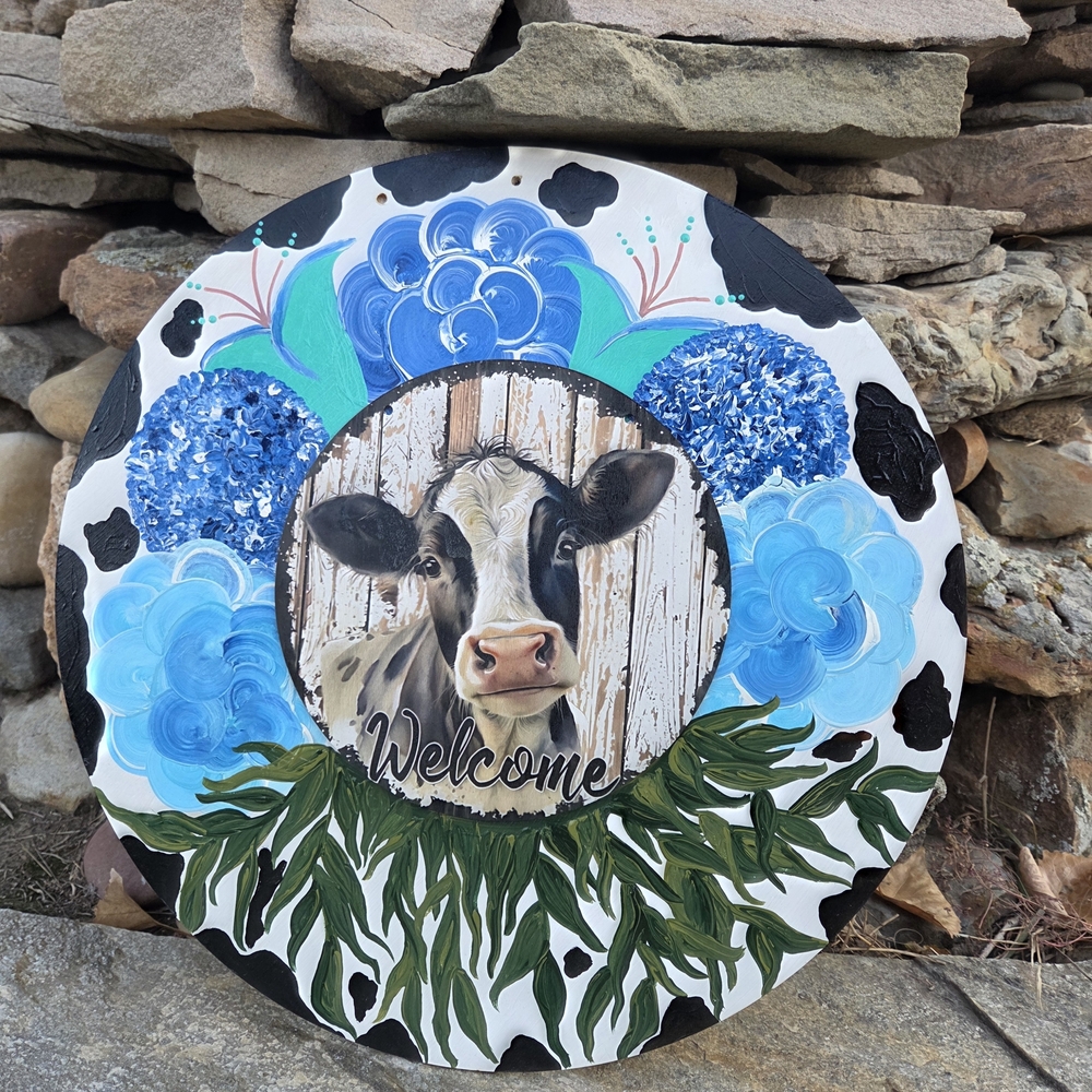 Cow Welcome Sign with Hand Painted Blue Floral Design